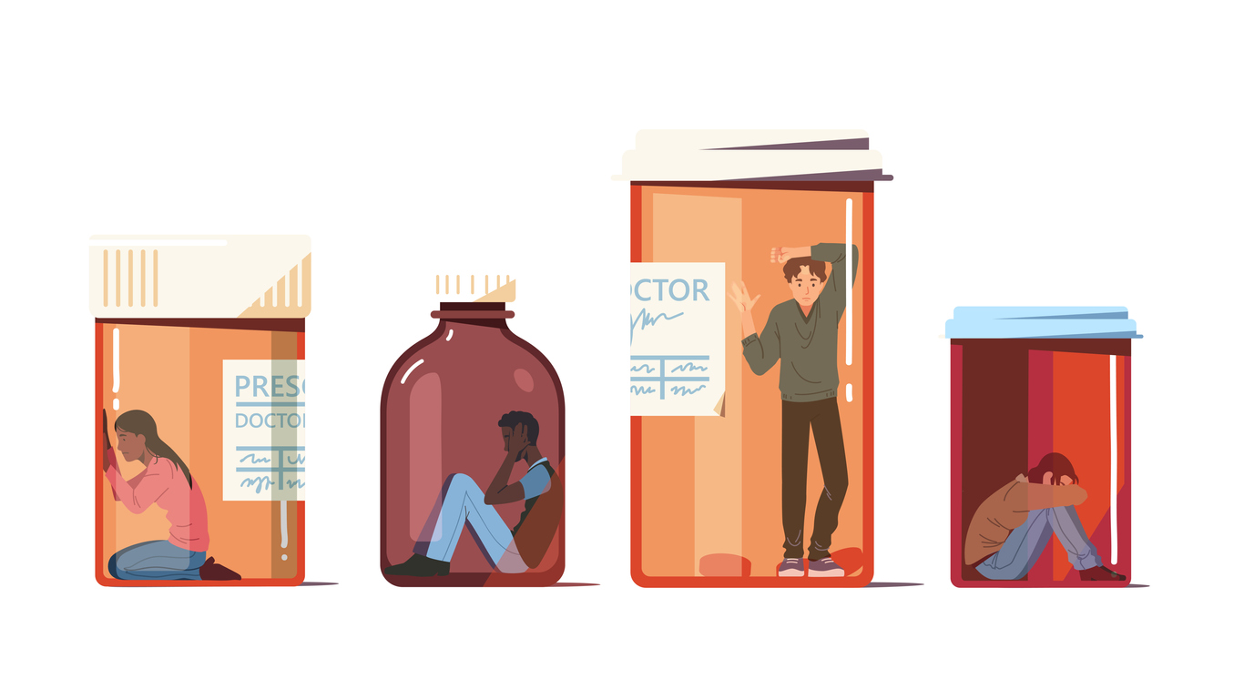 Drug addict concept set. Addicted people trapped inside pill bottles